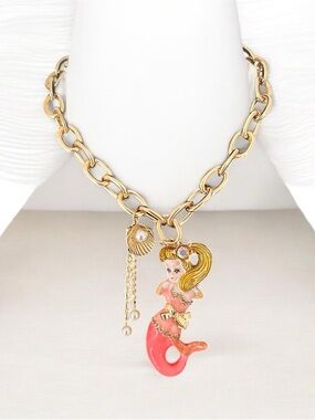 Betsey Johnson Gold-Tone Chain Necklace with Pink Mermaid Charm